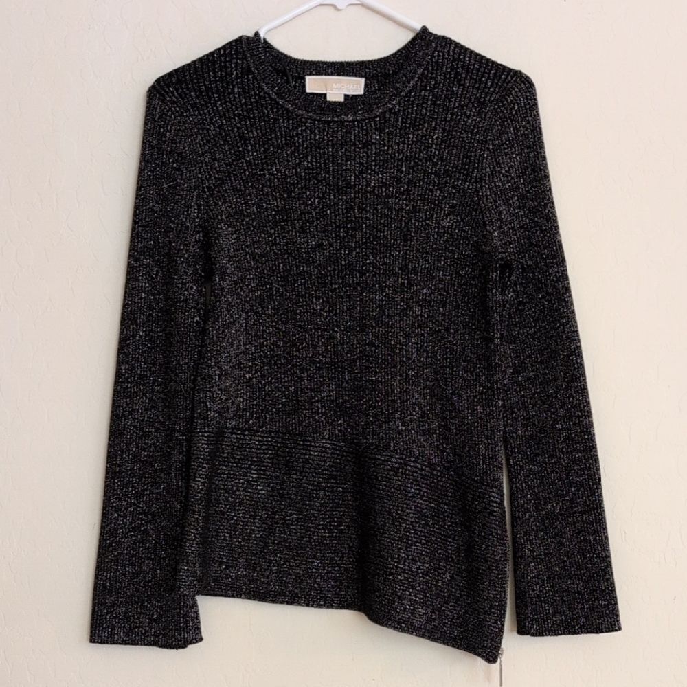 Michael Kors Black Metallic Knit Asymmetrical Long Sleeve Sweater - XS